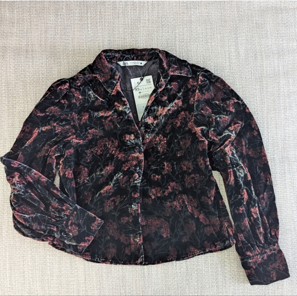 Zara printed velvet floral Charlotte blouse puff sleeve fall - Picture 4 of 13